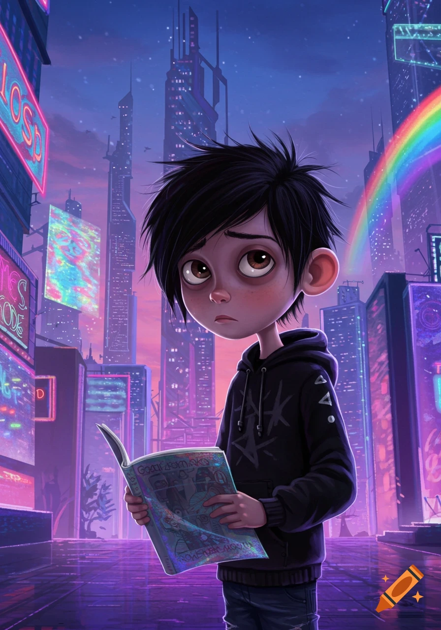 A cartoonish emo boy with spiky black hair reads a book in a neon-lit cyberpunk city with a rainbow.