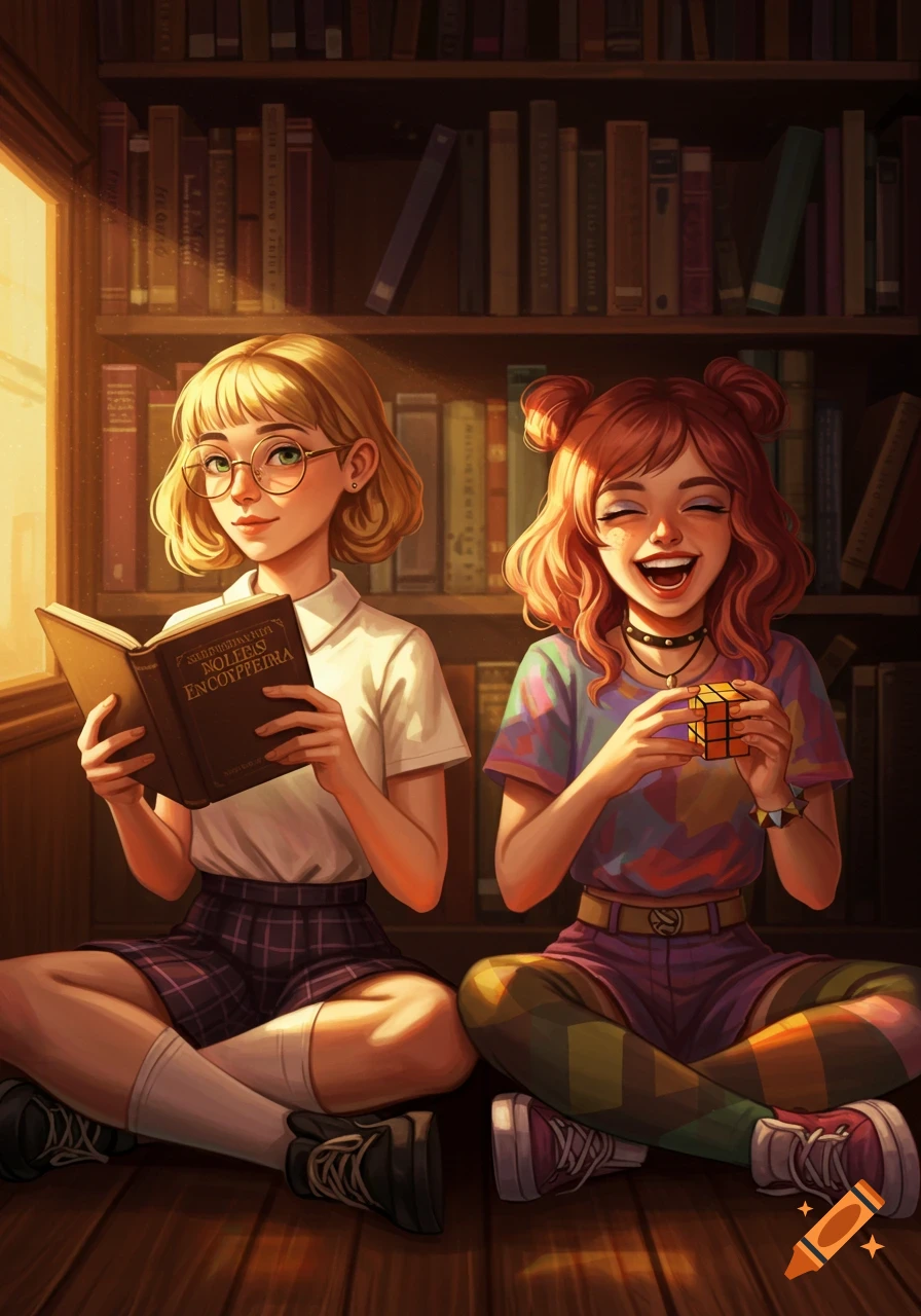 Anime illustration of two girls sitting in a sunlit library, one reading a book, the other playing with a Rubik's cube.