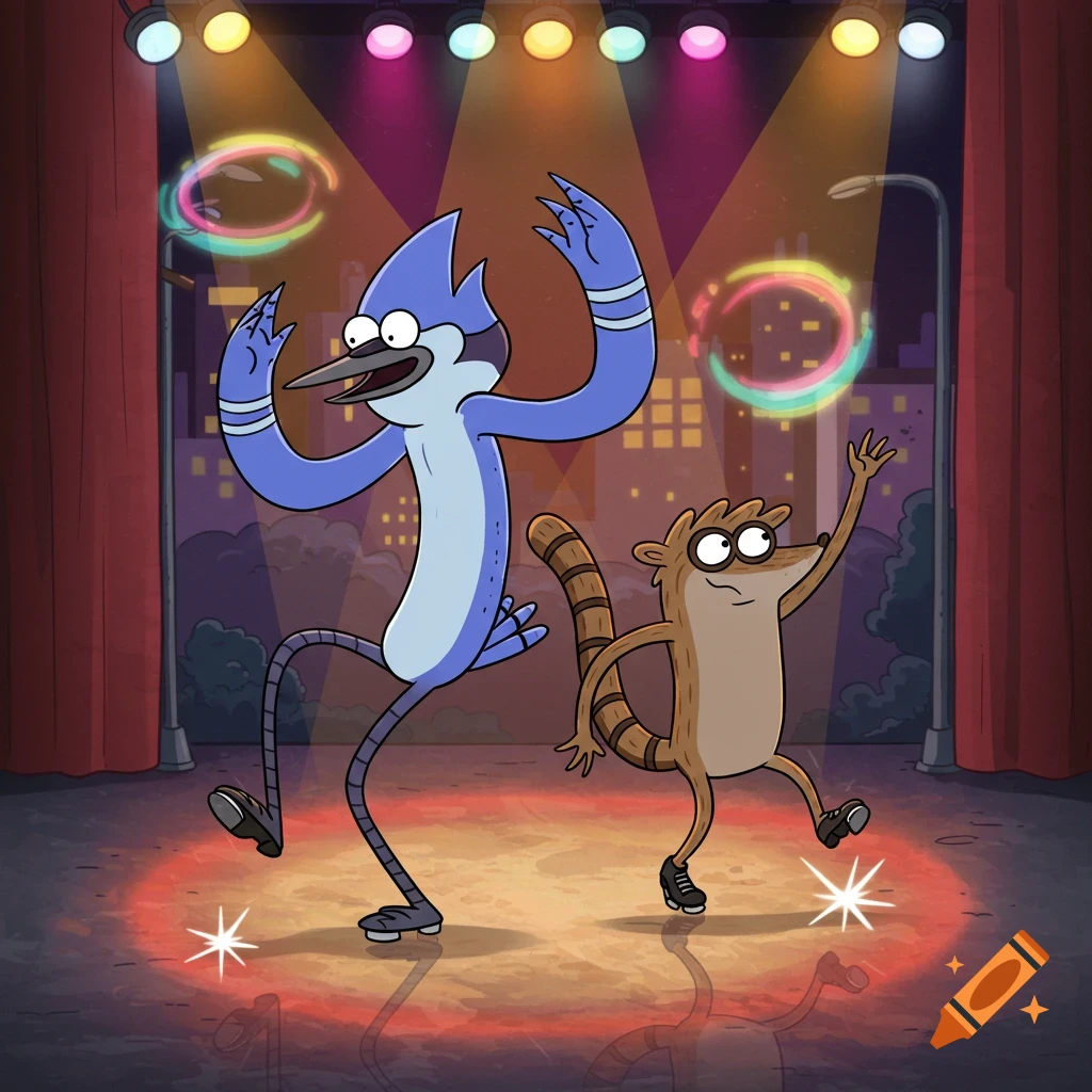 Mordecai, a blue jay, and Rigby, a raccoon, from Regular Show, tap dancing under colorful stage lights.