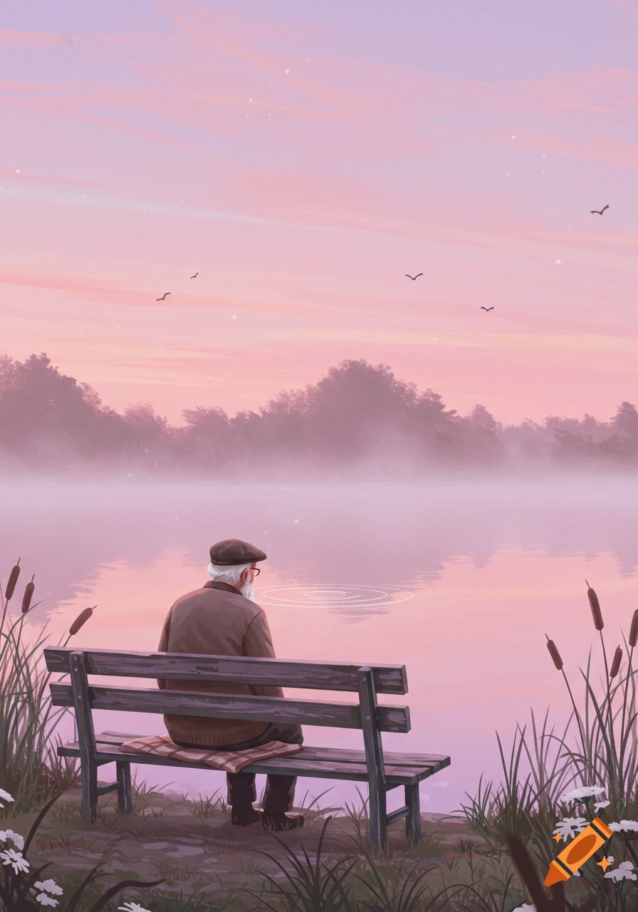 Stylized illustration of an elderly man on a bench by a tranquil, misty pink lake at sunset, with cattails and birds.
