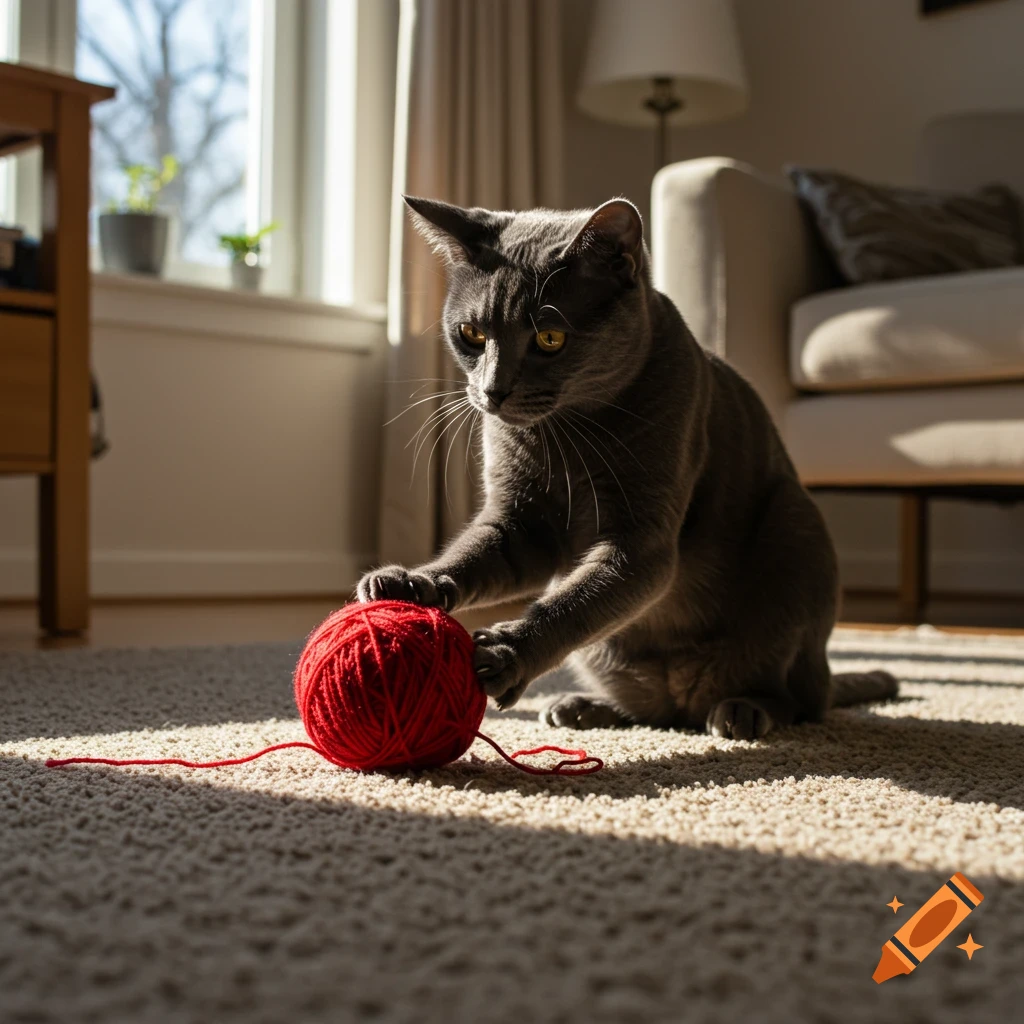 A grey cat intently plays with a red ball of yarn on a textured carpet in a sunlit, cozy living room, photorealistic.