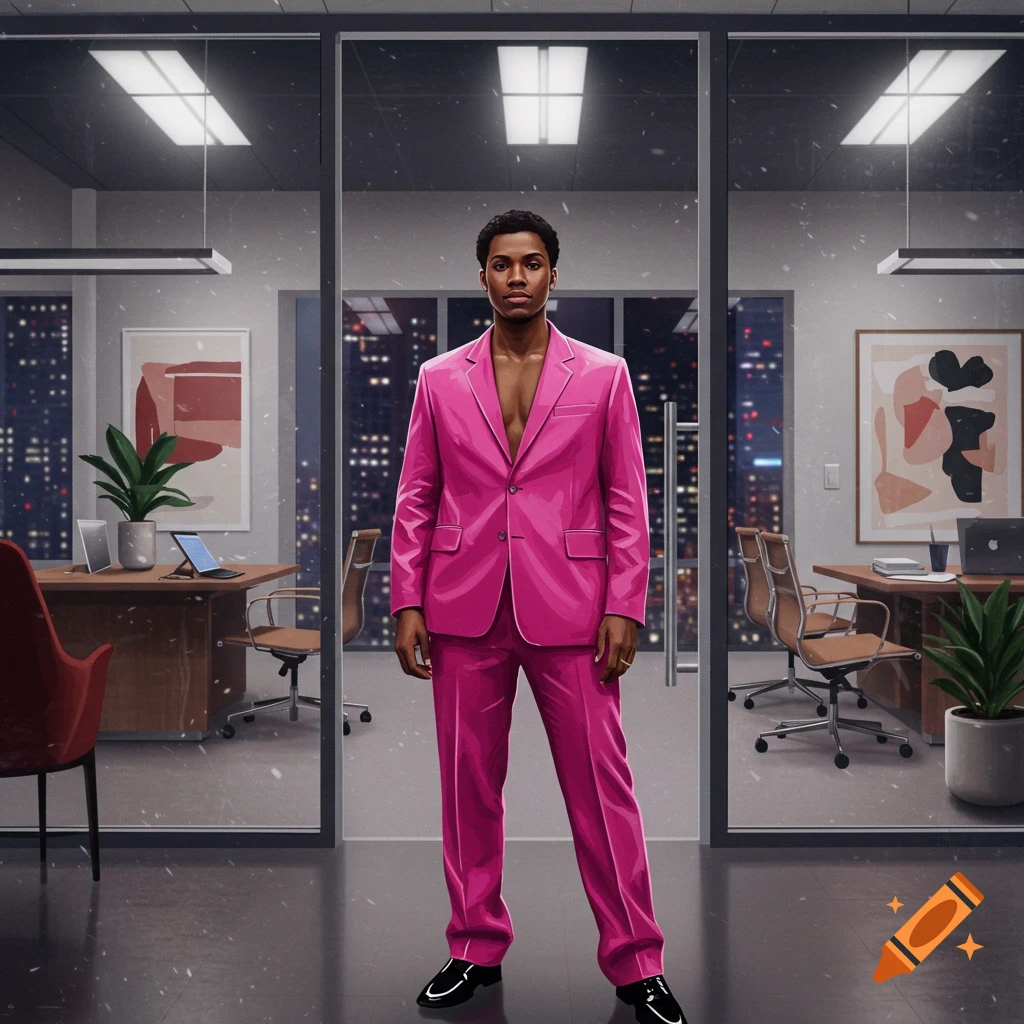 A stylized illustration of a man in a bright pink suit standing in a modern office with city lights visible through large windows.