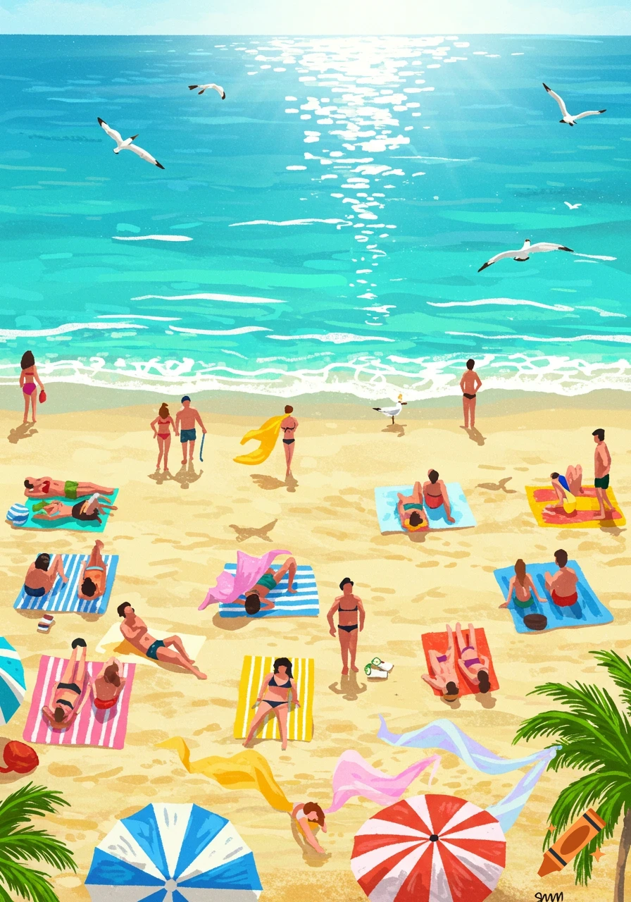 An overhead illustration of a sunny beach with many people lounging on towels near the turquoise ocean, with seagulls and palm trees.