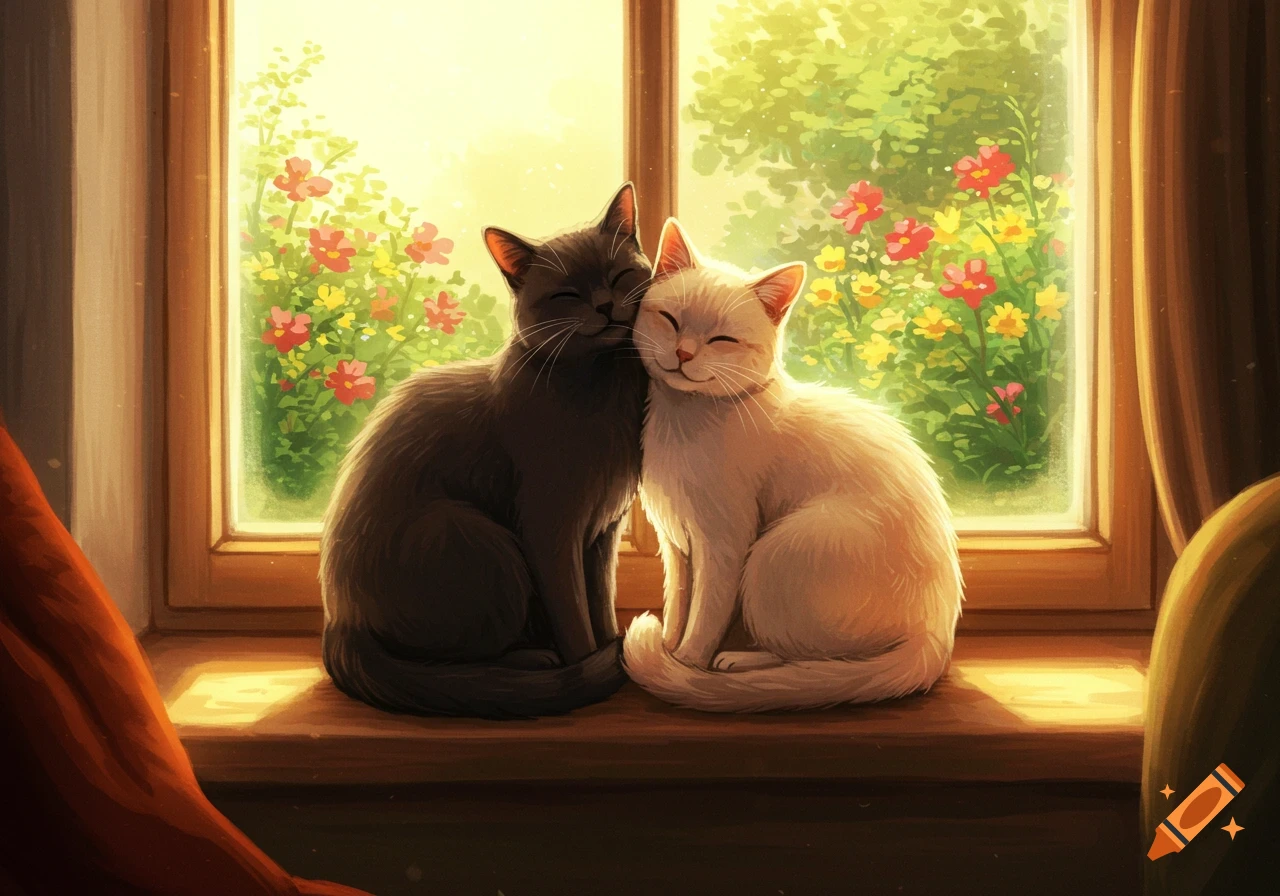 An illustration of a black cat and a white cat cuddling on a sunlit windowsill, with colorful flowers visible through the window.