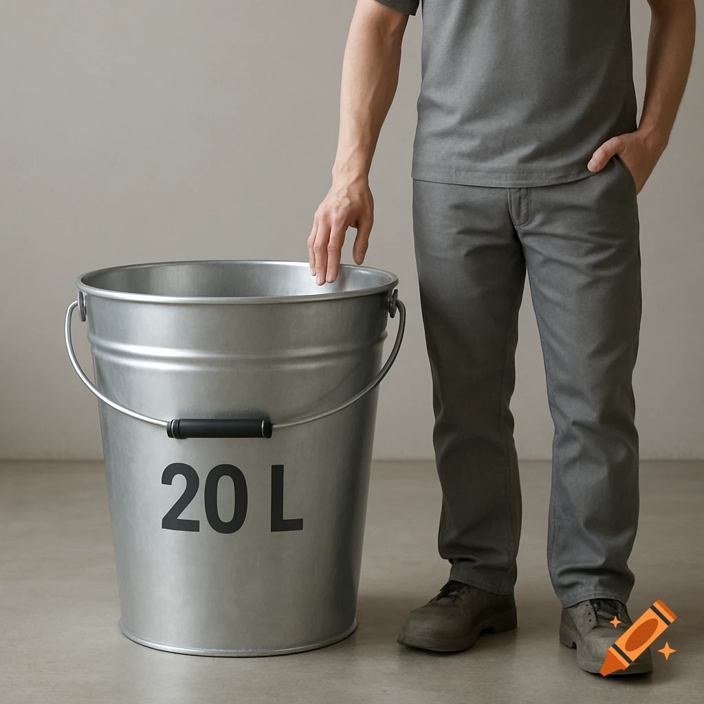 A person stands next to a large galvanized metal bucket labeled '20 L' in a photorealistic style.