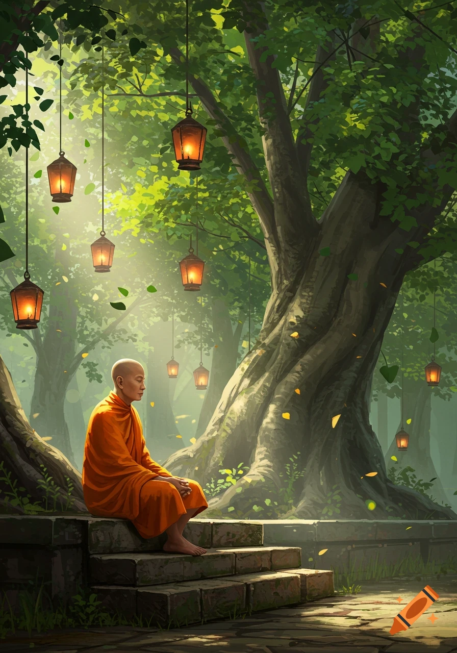 A bald monk in an orange robe meditates on stone steps in a lush green forest with glowing lanterns hanging from trees. Dreamy, illustrative style.