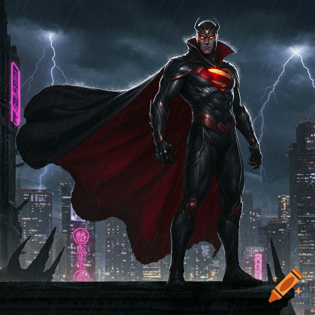 A dark super villain with glowing red eyes and a black and red suit with a cape stands on a rooftop in a rainy, lightning-filled city.