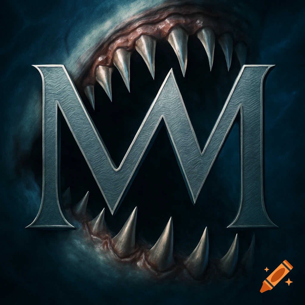 Two stylized metallic 'M' letters held by the sharp teeth and gums of a menacing shark's open mouth.