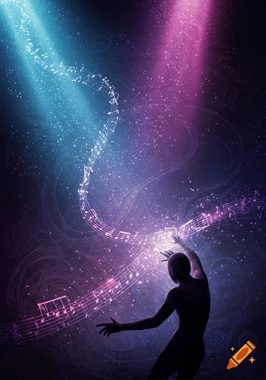 A silhouette figure with arms outstretched under blue and pink spotlights, surrounded by swirling musical notes and sparkling particles.