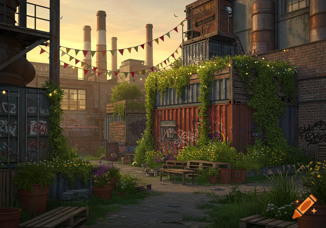 A vibrant inner-city garden in an industrial area with flowering vines on shipping containers and old factory buildings under a golden sky.