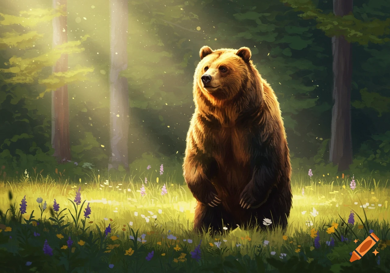 A brown bear stands in a sunny forest clearing filled with wildflowers, bathed in dappled light, in an illustrative style.