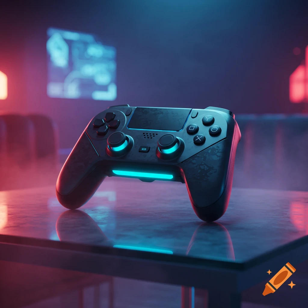A futuristic black gaming controller with glowing blue lights sits on a reflective table in a dark, neon-lit room.