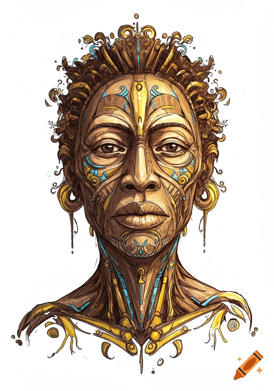 Abstract portrait of a person with brown skin, intricate gold and teal geometric patterns on their face and neck, and gold tribal ornaments.