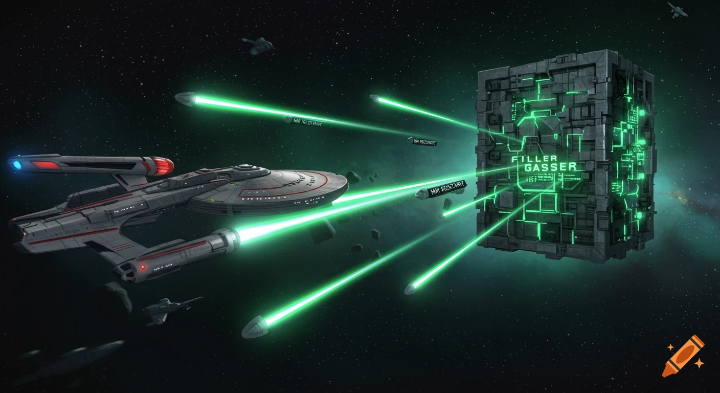 A Star Trek-style spaceship fires green photon torpedoes at a Borg cube in space, with glowing neon green accents.