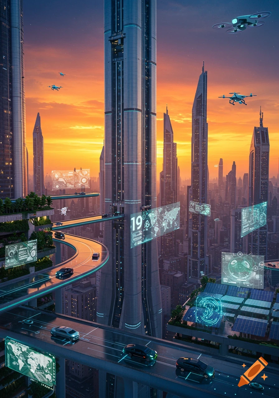 A futuristic city with towering skyscrapers, elevated highways with cars, flying drones, and holographic displays during a vibrant sunset.