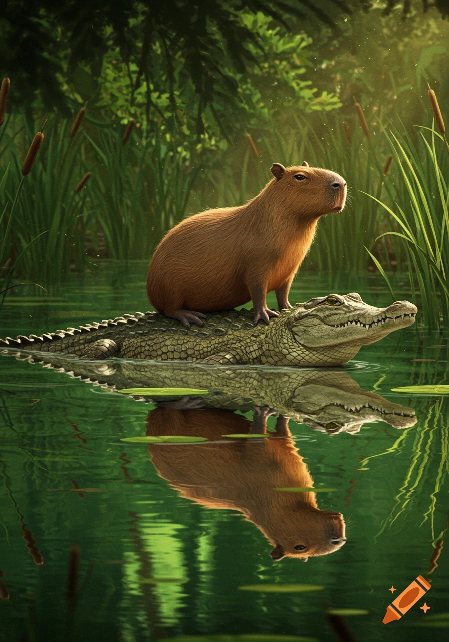 A photorealistic image of a capybara riding on the back of a crocodile in a lush green swamp, with clear reflections in the water.