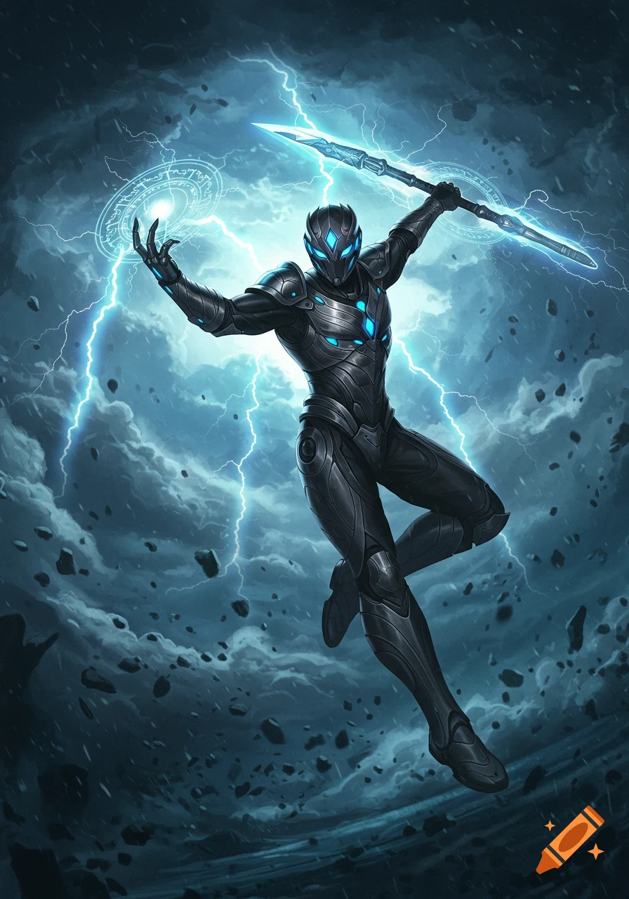 An armored figure with glowing blue accents and a staff generates lightning and a magical symbol in a stormy sky.