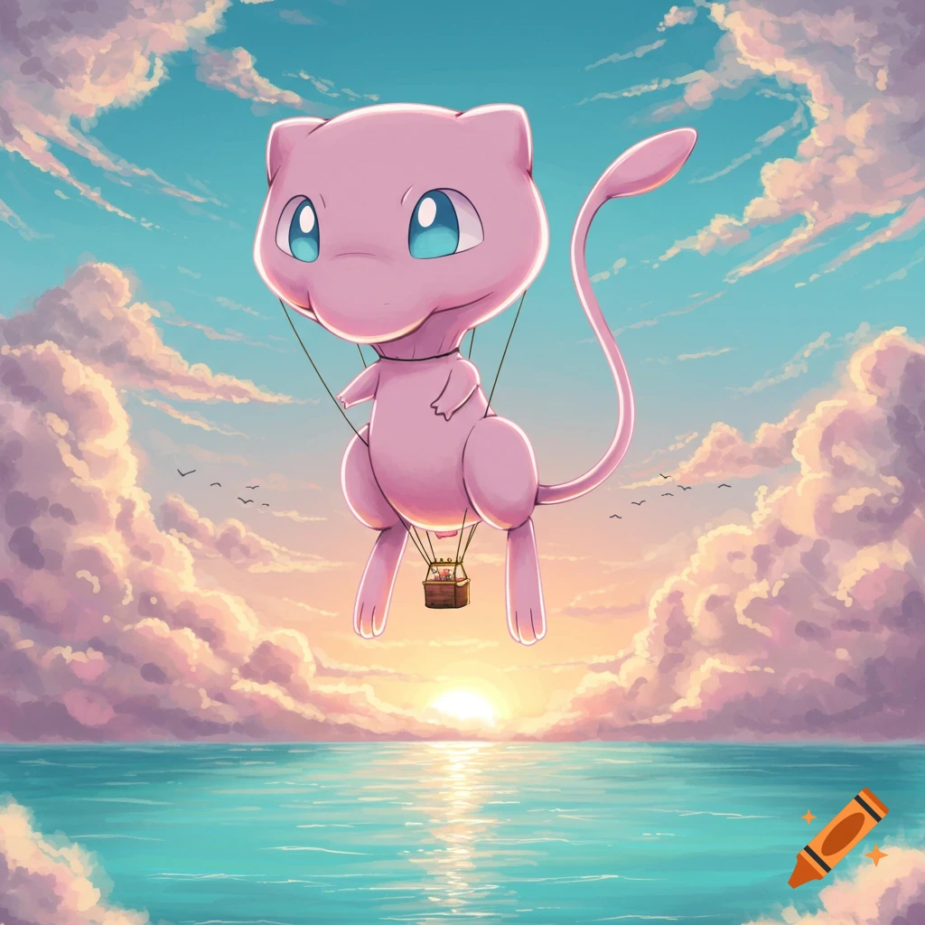 A pink Mew Pokémon hot air balloon floats above a calm ocean at sunset, surrounded by colorful clouds.
