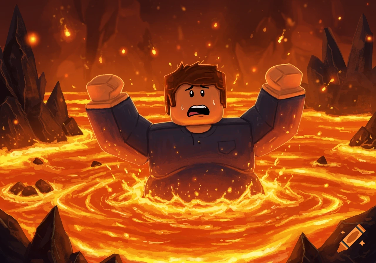A scared, obese Roblox character with brown hair and a dark shirt, struggling in a fiery lava pit with dark rock formations.