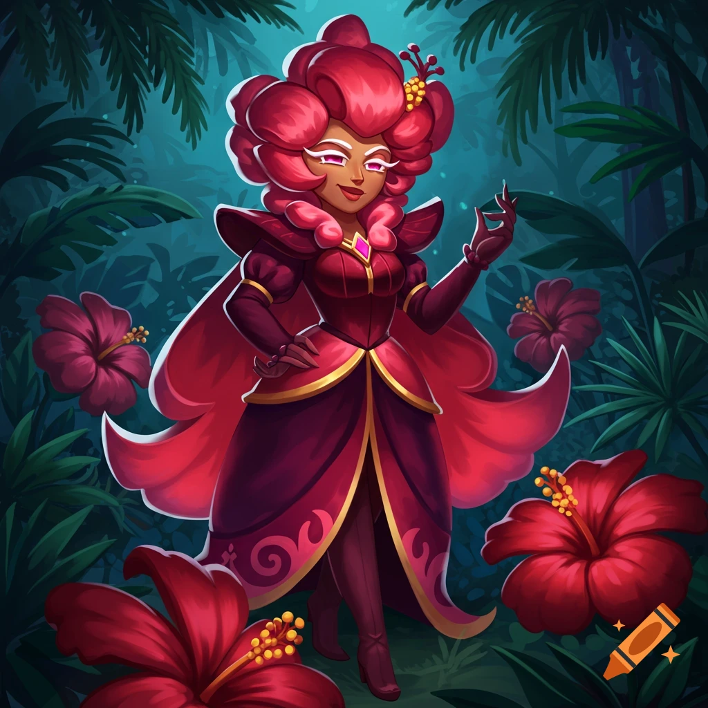 Stylized portrait of a dark-skinned woman with red floral hair and gown, standing in a lush jungle with hibiscus flowers.