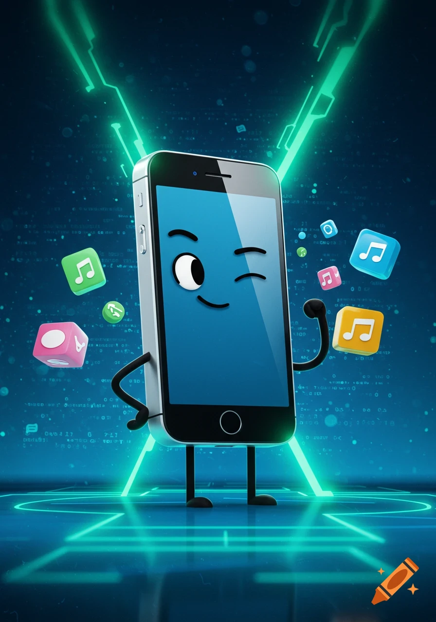 Cartoon smartphone character winking, surrounded by floating music app icons, on a neon digital background.