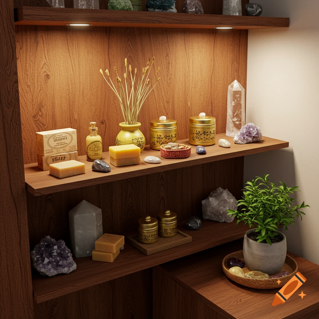 A wooden shelf displaying soaps, an amber bottle, a green plant in a pot, and various crystals under warm lighting in a cozy setting.