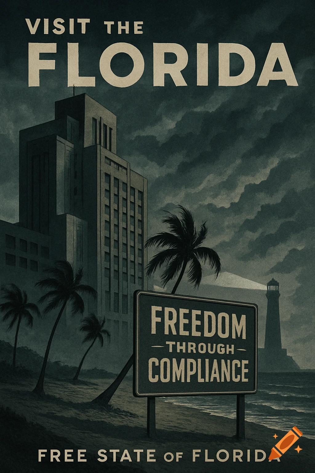 A dark, dystopian propaganda poster for Florida with tall buildings, palm trees, a lighthouse, and a sign reading 'Freedom Through Compliance'.