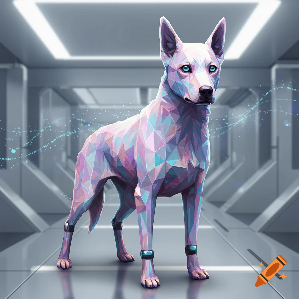 A polygonal white dog with blue eyes stands in a futuristic, sterile hallway with glowing overhead lights, surrounded by faint digital data streams.