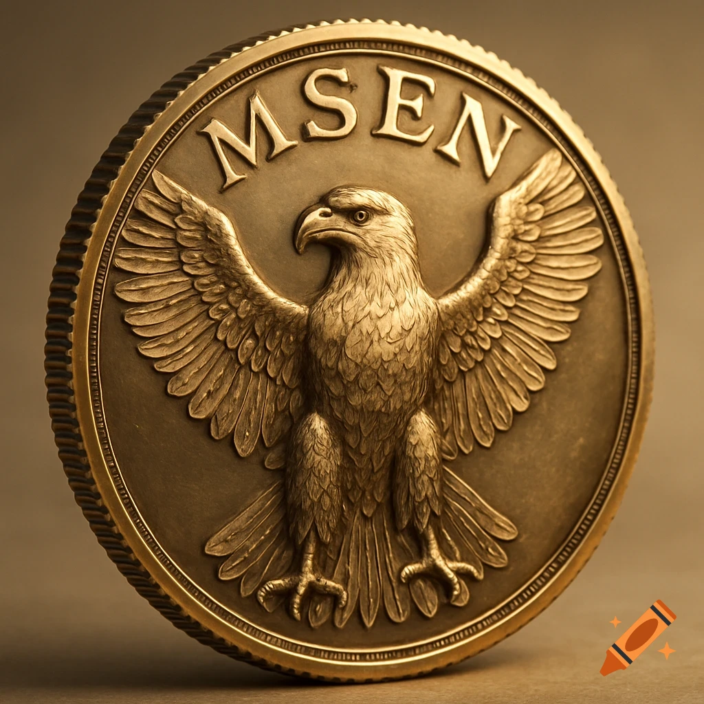 A detailed bronze coin featuring a spread-winged eagle and the word 'MSEN' at the top, with a textured edge.