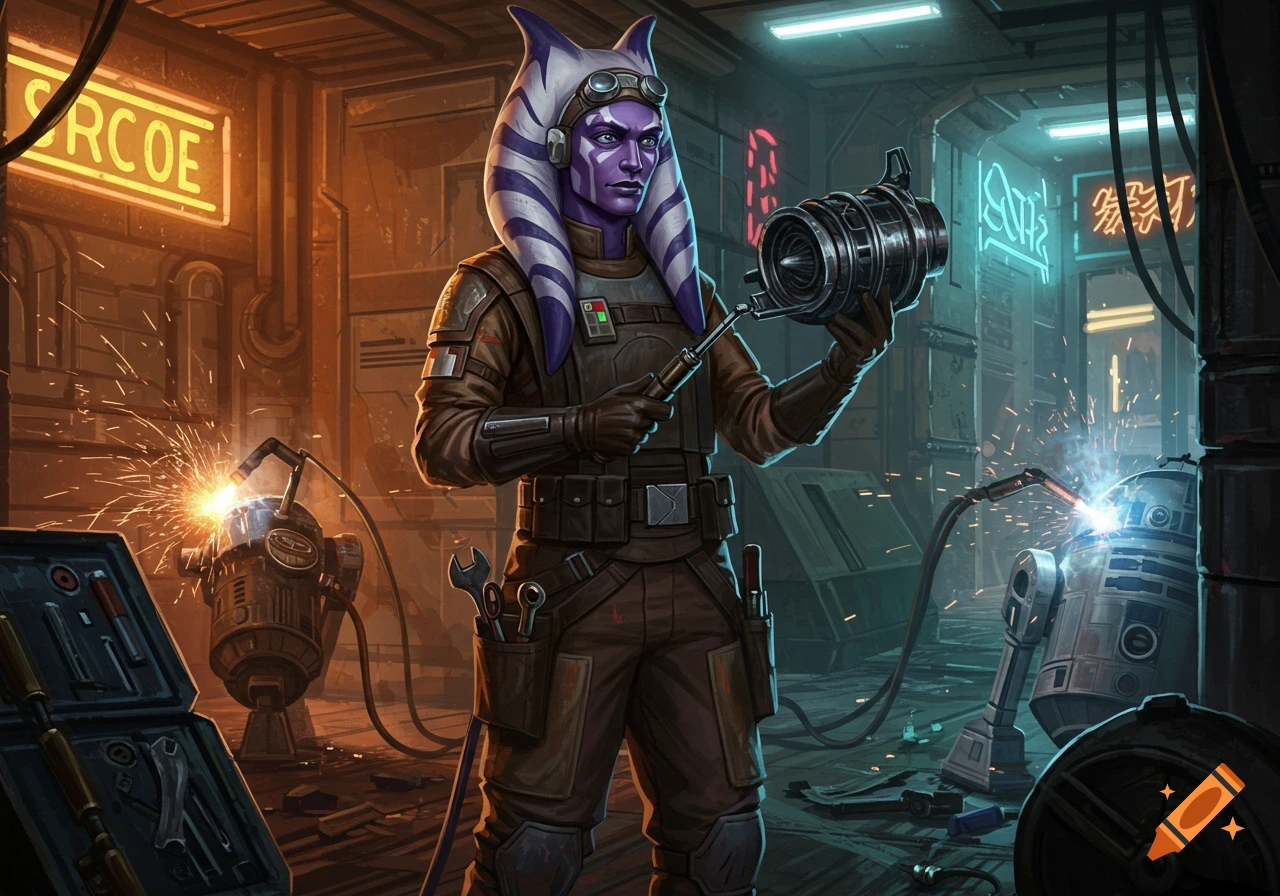 A purple-skinned Togruta female in a mechanic uniform stands in a futuristic workshop, holding a tool. Welding sparks fly around droids.