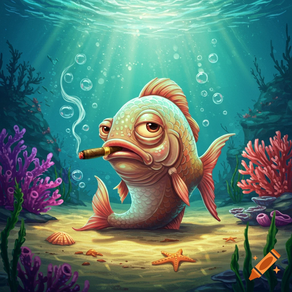 A cartoonish fish with a tired expression smokes a cigar underwater, surrounded by coral and seashells.