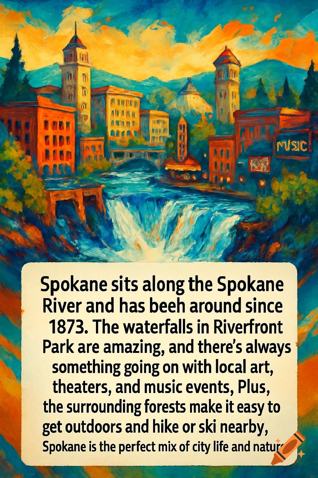Impressionistic painting of a colorful city with tall buildings and bridges over a large waterfall, with a text box describing Spokane.