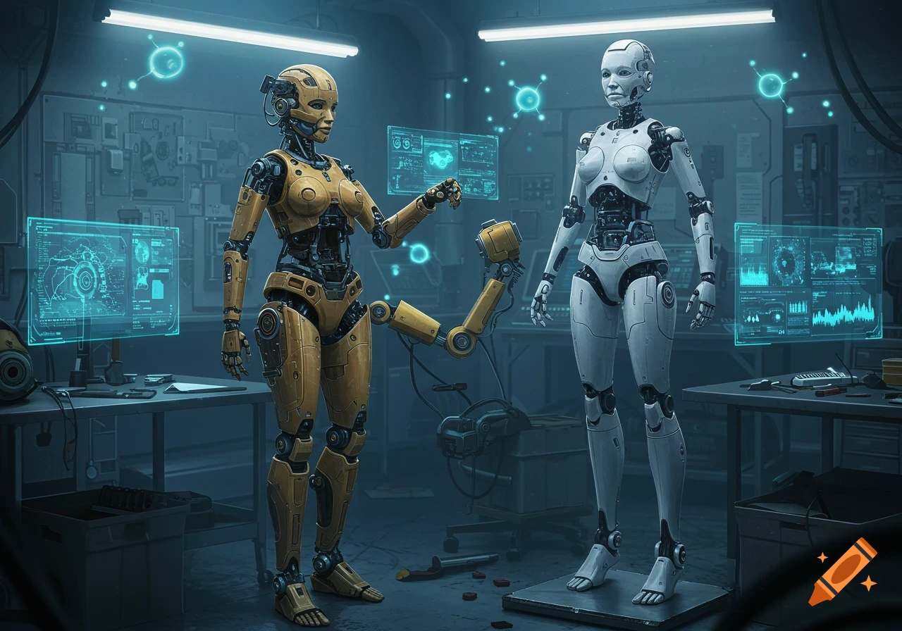 A golden-colored robot works on a white humanoid robot in a futuristic, high-tech laboratory filled with glowing screens.