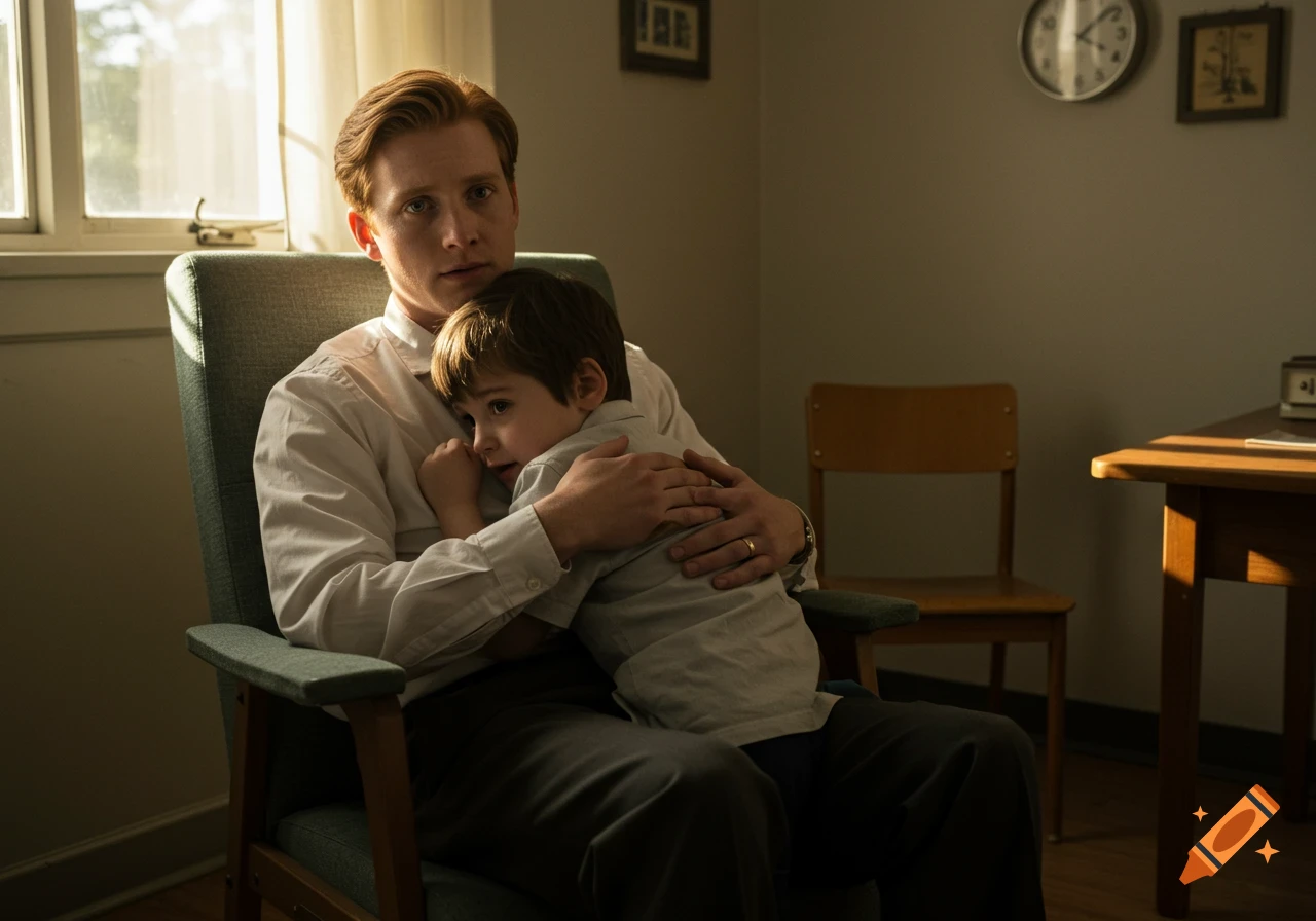 A man with red hair sits in a chair, holding a young boy close to his chest in a warmly lit room.