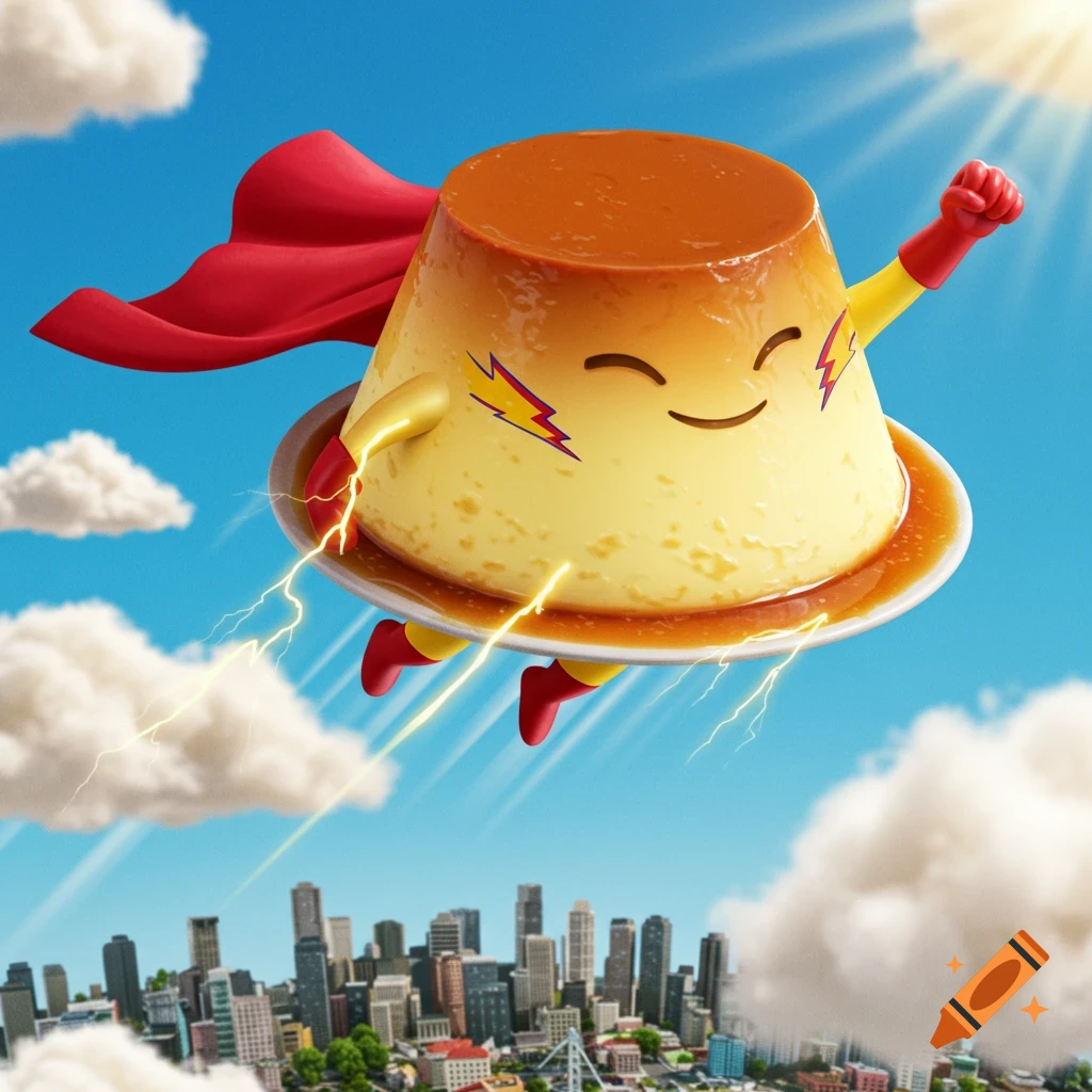 A cheerful, cartoon caramel custard (flamby) superhero with a red cape and lightning bolts flies over a city against a blue sky.
