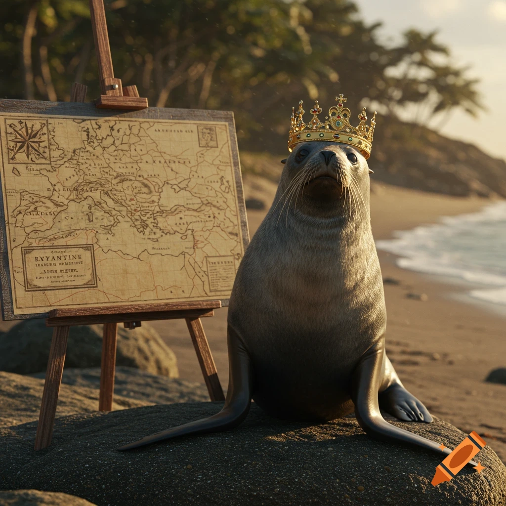 A photorealistic seal wearing a golden crown sits on a rock on a sandy beach, with an old map on an easel behind it.