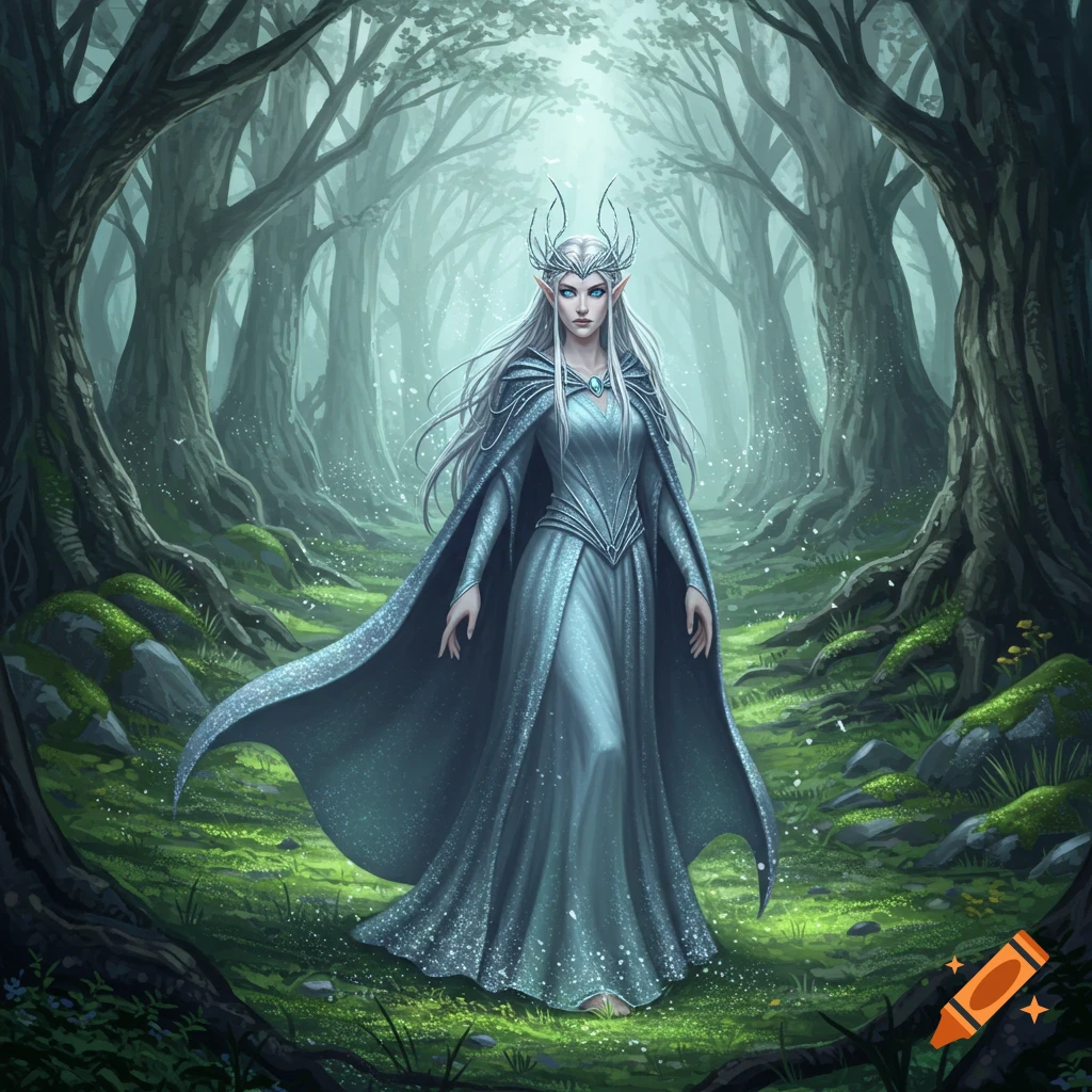 White-haired elf queen with blue eyes in a silver-blue gown and crown walks through a mystical, mossy forest.