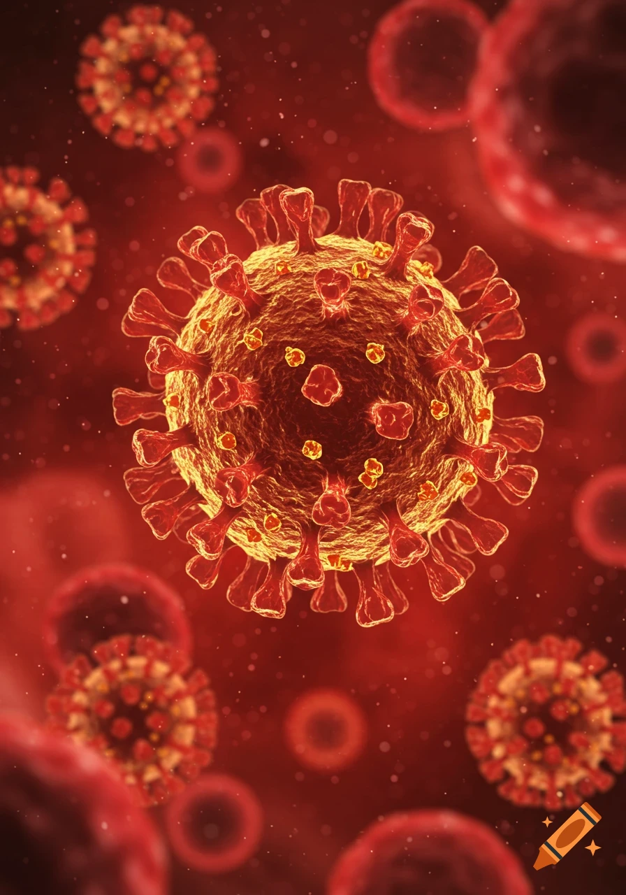 Detailed 3D illustration of a SARS-CoV-2 virus, reddish-orange with spike proteins, against a dark red background.
