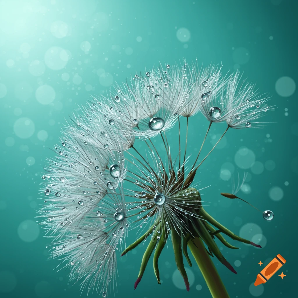 Close-up, photorealistic macro shot of a dandelion seed head covered in water droplets against a vibrant turquoise bokeh background.