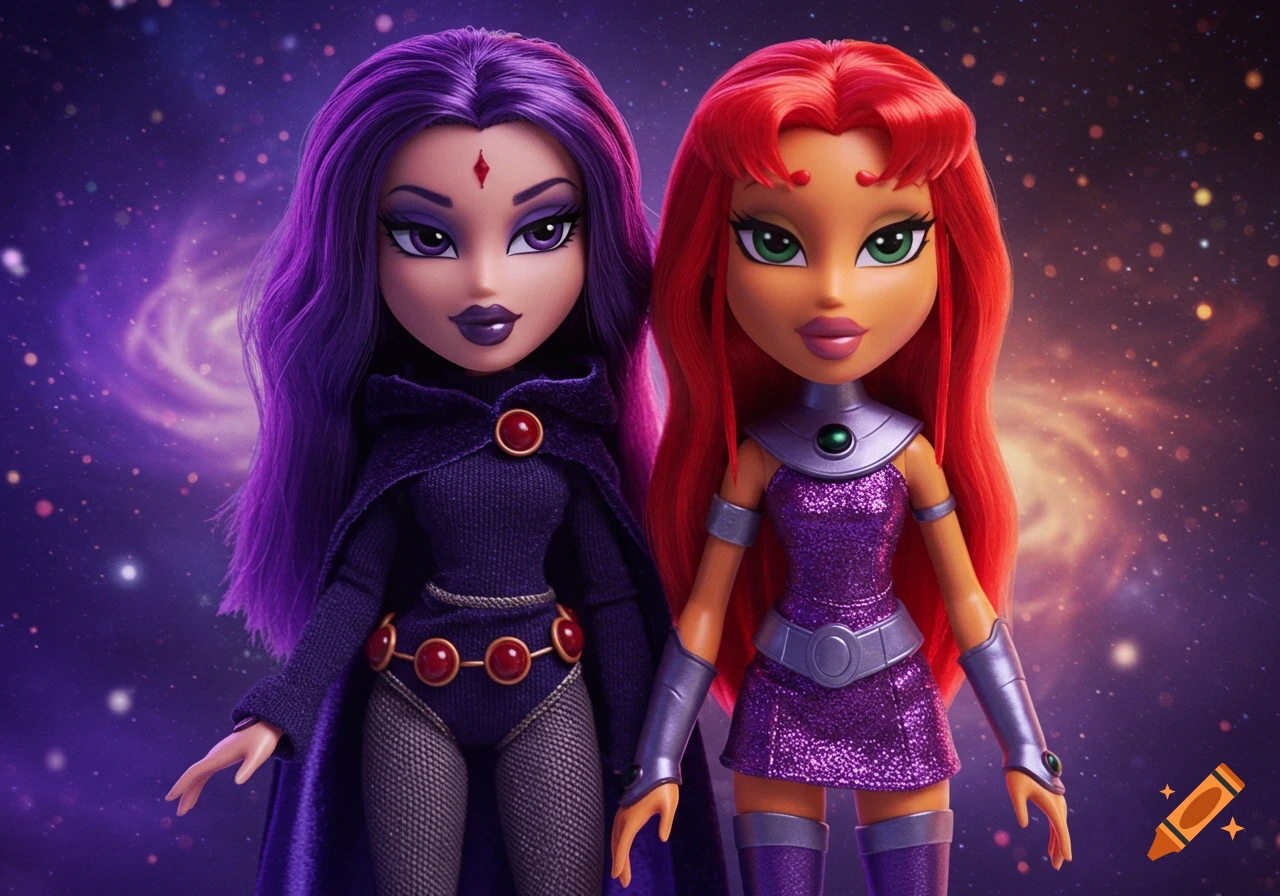 Two Bratz-style dolls, Raven with purple hair and Starfire with red hair, against a cosmic purple galaxy background.