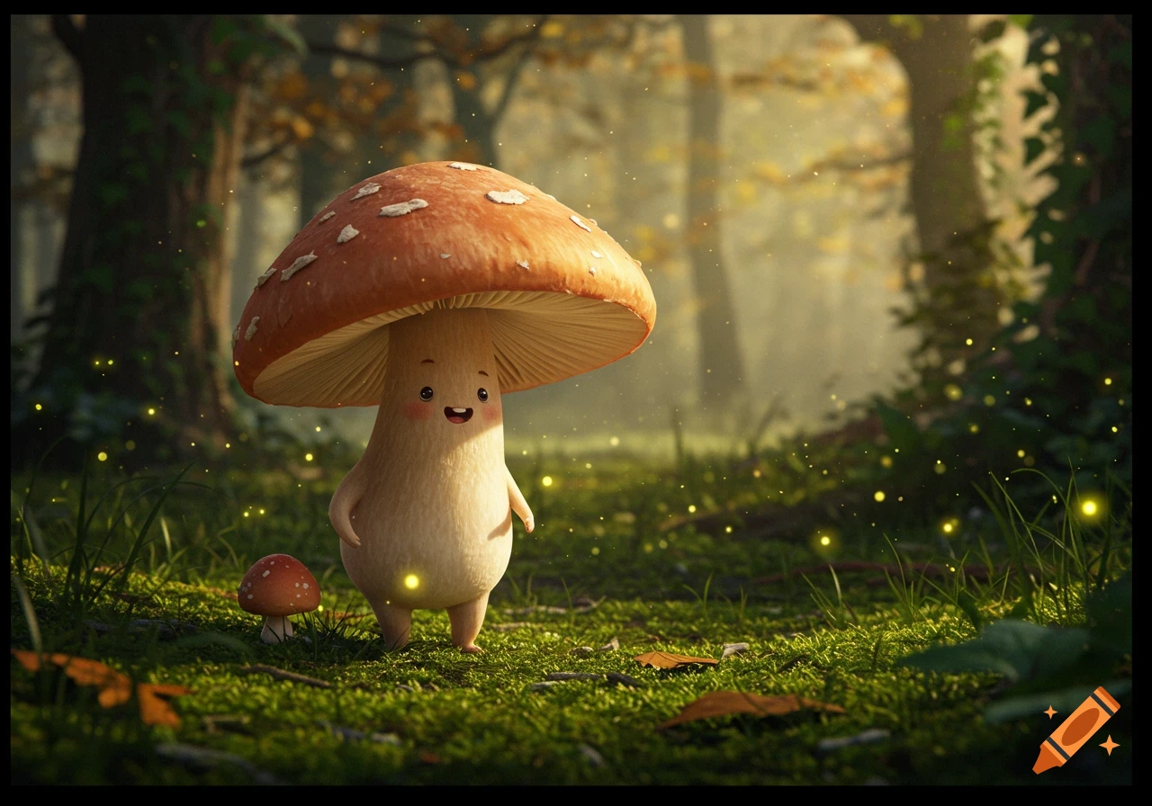 A cute, anthropomorphic mushroom character with a happy face and rosy cheeks stands in a mossy forest with glowing fireflies.