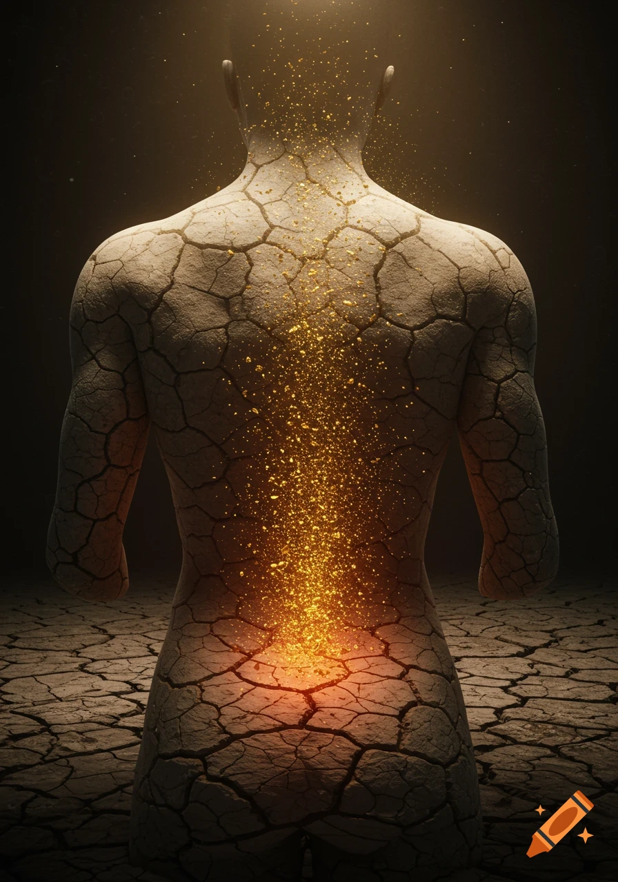 Surreal image of a human back with cracked, dry earth skin and golden dust flowing upwards from the lower back.