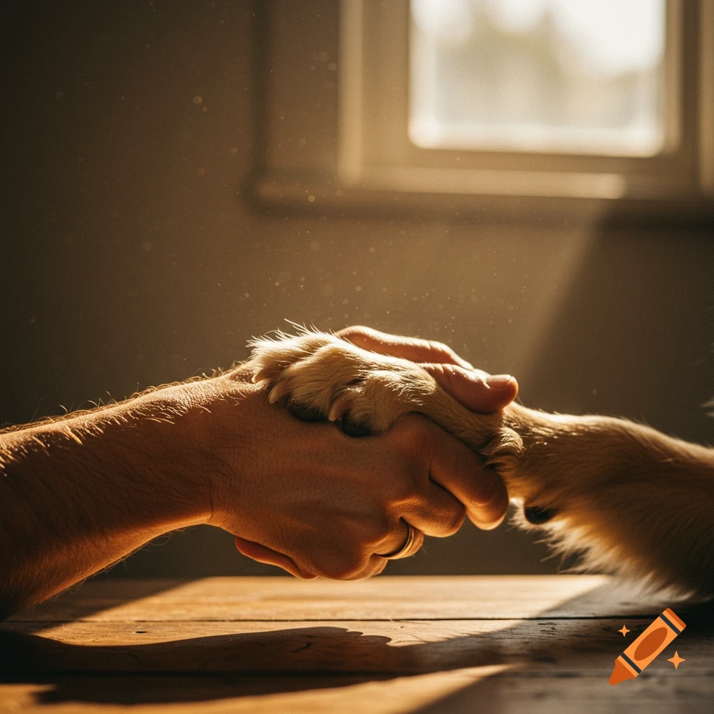 A close-up photograph of a human hand clasping a dog's paw in a warm, intimate gesture. Golden light streams from a window.