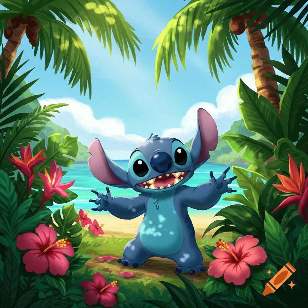 Stitch, the blue alien, stands on a sandy beach amidst tropical plants and palm trees, with the ocean in the background.