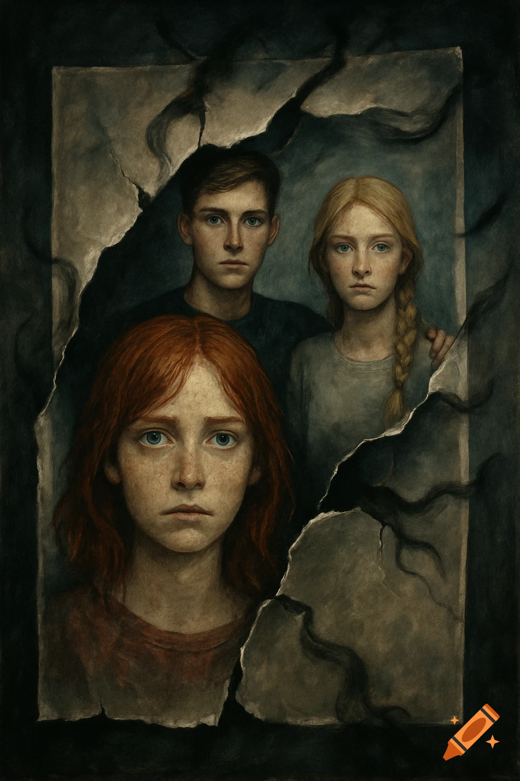 Haunting illustration of three young people's portraits, fragmented and torn like an old photo on a dark, eerie background.