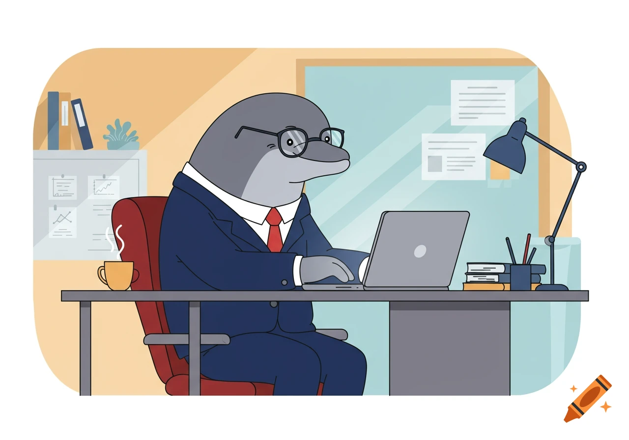 A friendly cartoon dolphin in a suit and glasses works on a laptop at a modern office desk with a coffee cup.