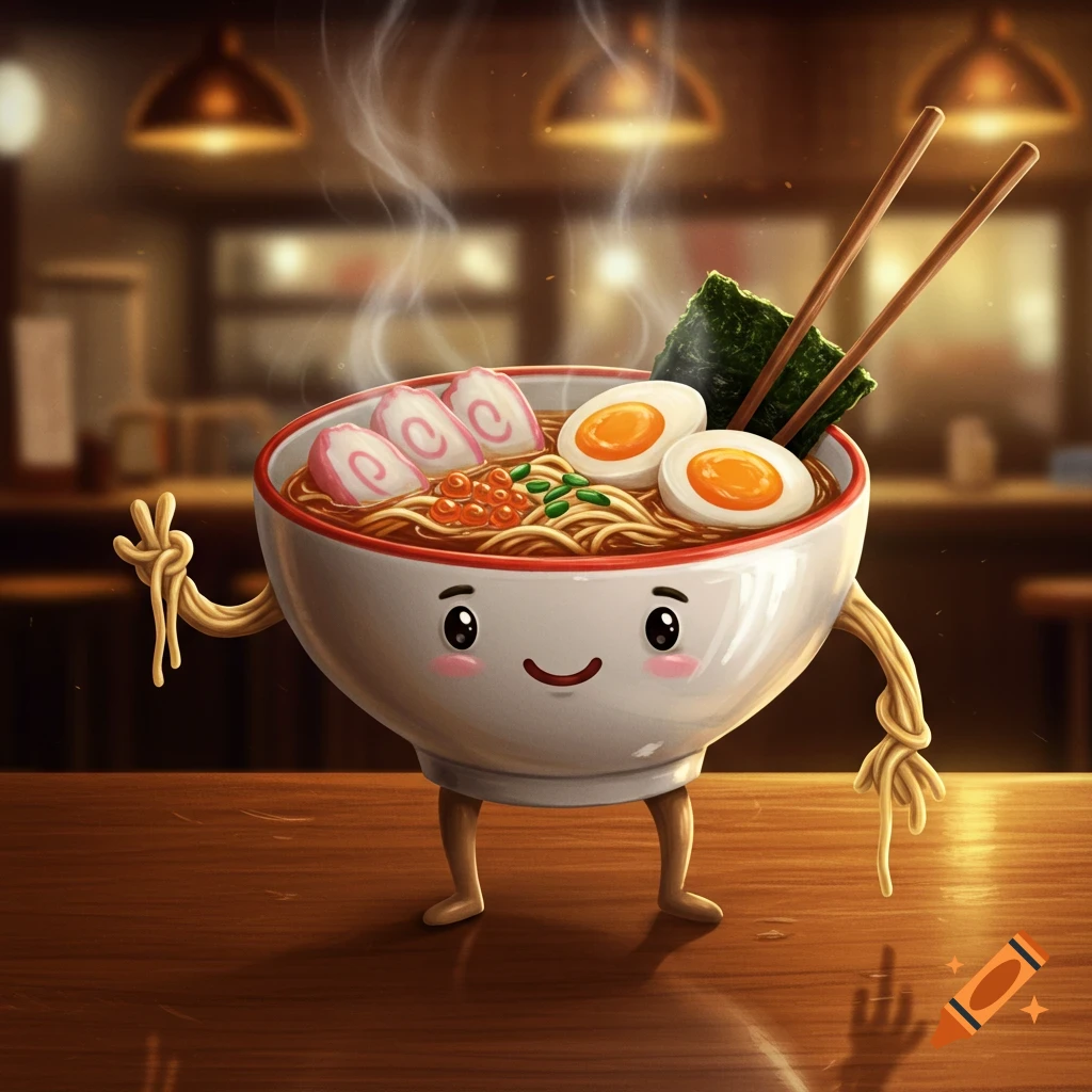Cute cartoon ramen bowl with a smiling face, noodle arms making a peace sign, and stick legs on a wooden table in a restaurant.