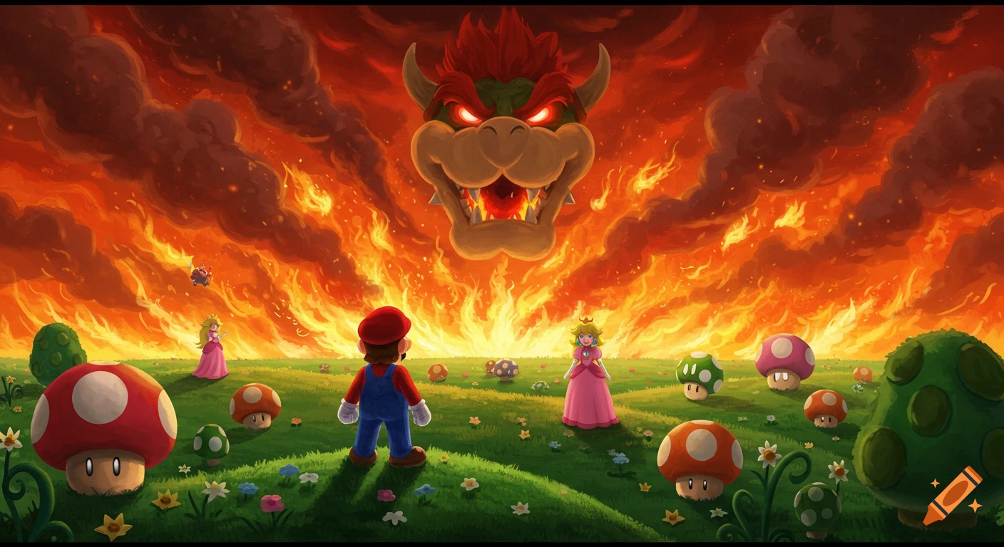 Mario and Peach stand in the Mushroom Kingdom with giant mushrooms, facing a fiery sky where Bowser's menacing face appears.