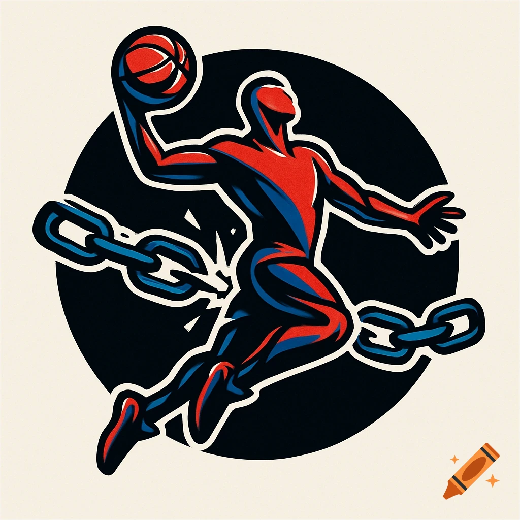 Stylized logo of a basketball player in red and blue breaking chains, with a basketball overhead, against a dark circle.