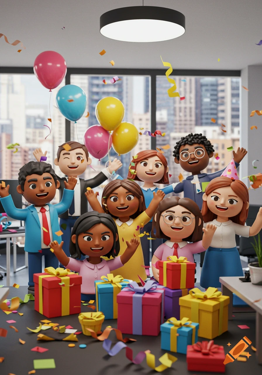 A vibrant 3D render of diverse cartoon people celebrating in a modern office with gifts, balloons, confetti, and a city view.
